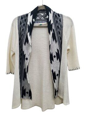 Roxy Girl White Black Fair Isle Native Print Open Front Acrylic Cardigan M 12-14